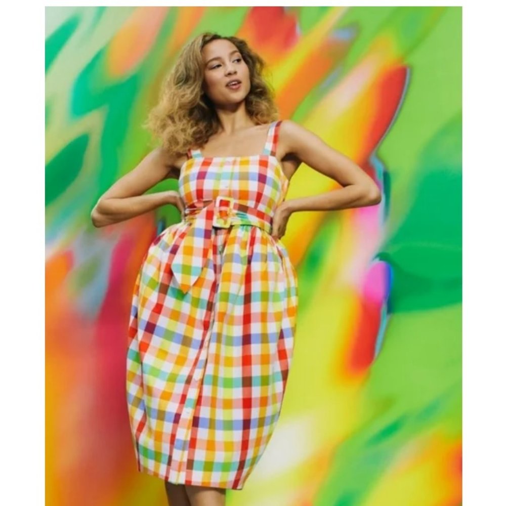 NWT Christopher John Rogers Plaid Wide Strap Tie Waist Midi Dress Sz 2